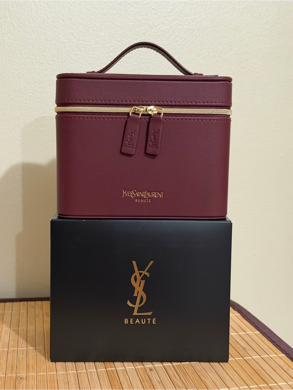 Yves Saint Laurent Wine Red Leather Cosmetic Vanity Case with Gold Hardware